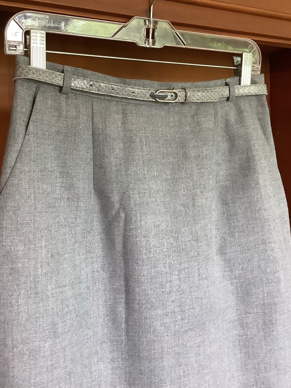Vtg 80s 90s Grey Midi Pencil Skirt Side Button Slit Belted Pockets Size 11 - Picture 2 of 15